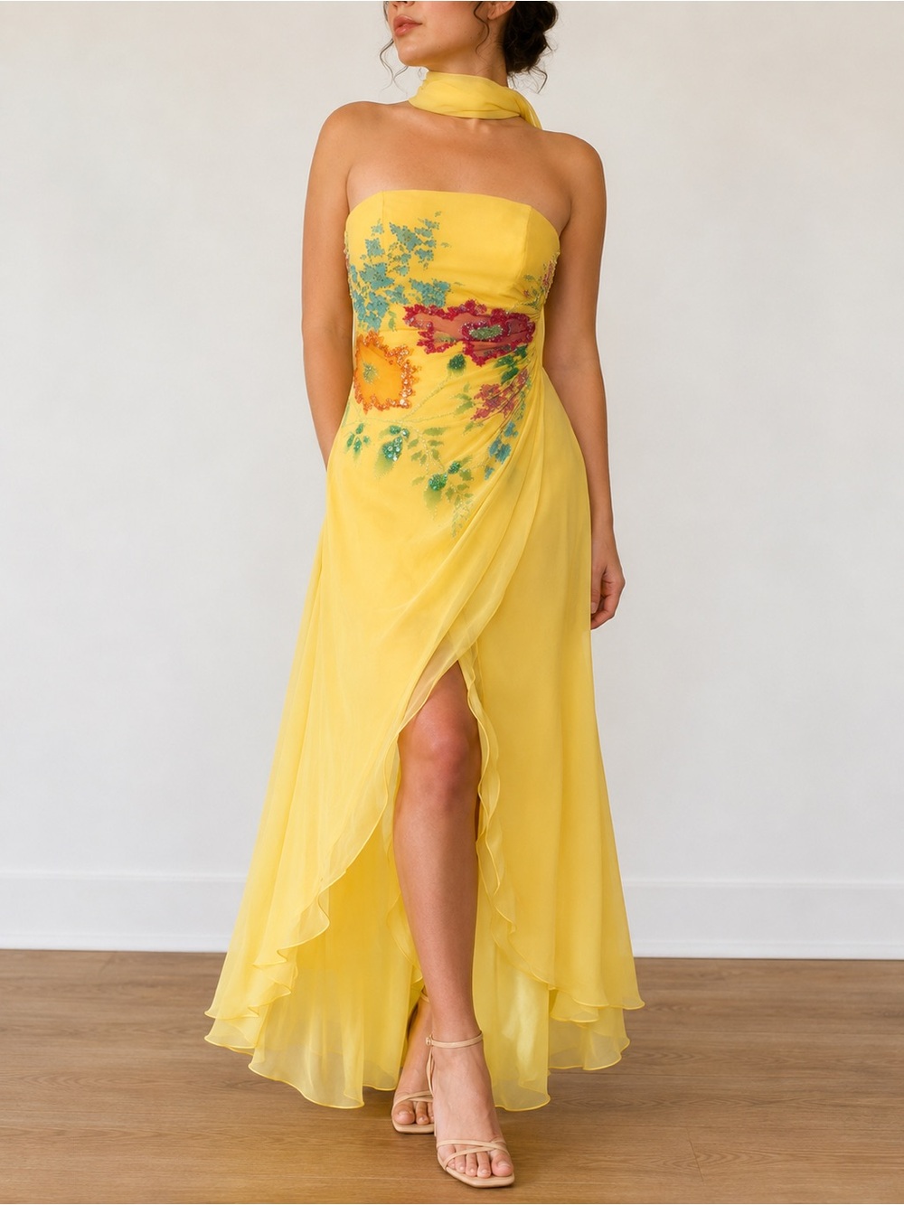 Cache Silk Beaded Wrap Gown Fairycore Strapless Formal Dress Size 2